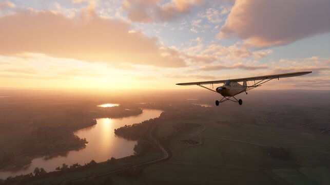Golden crop duster hugging rolling farmland under dramatic sunset sky showcases nostalgic agricultural aerial charm