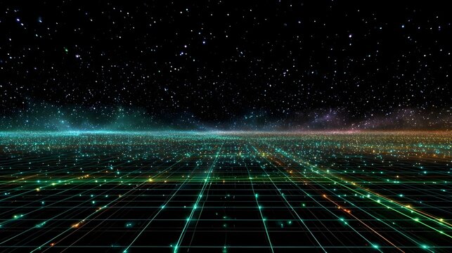 Glowing grid lines in deep space backdrop create futuristic digital visualization for tech enthusiasts and creators