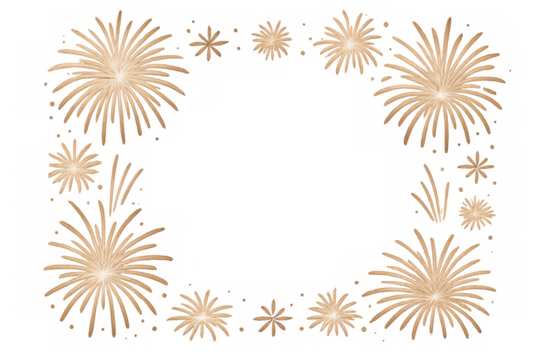 Golden fireworks exploding creating a frame on transparent background, perfect for celebrations and festive events
