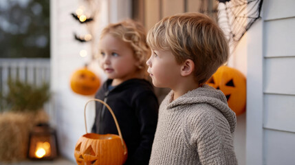 Fototapeta premium Halloween trick or treating scene with kids in costumes at decorated house