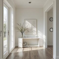 Bright hallway interior with sunlight streaming through glass doors, illuminating a white console table with artwork, vase, and decorative objects.