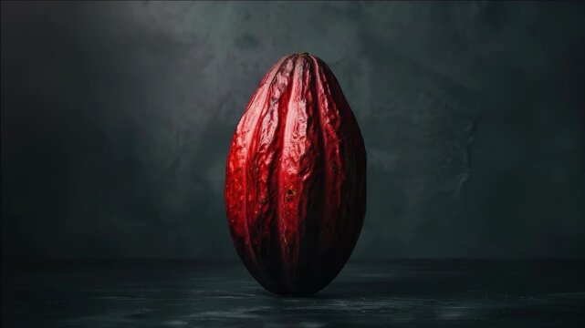 A single chocolate seed is shown against a dark background, highlighting its natural texture and reddish color. Chocolate production begins with the raw material represented here.