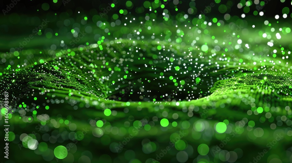 Wall mural dynamic green swirling vortex of lines and dots, abstract energy field in motion, 3d rendering
