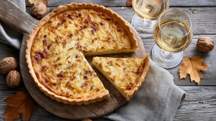 Traditional german zwiebelkuchen onion pie with federweisser on rustic autumn table setting