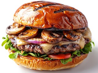 Swiss mushroom burger with saut?(C)ed mushrooms and Swiss cheese, rich texture, clean white background