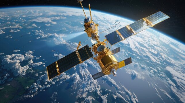 3D rendering of gold-toned satellite in orbit, futuristic aerospace communication theme