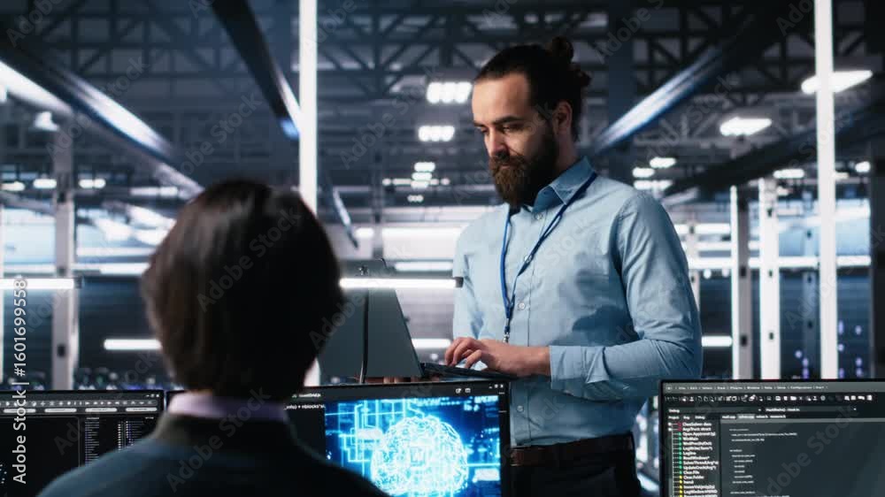Poster manager supervising work of server room engineer using ai to review infrastructure diagnostics on de