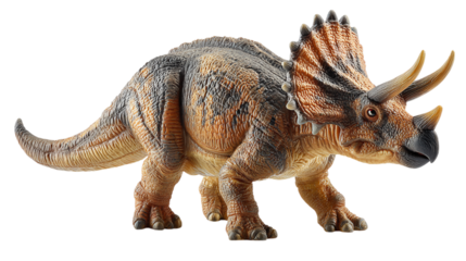 Triceratops toy dinosaur model in standing pose with three horns and armor-like frill. isolated on transparent background 