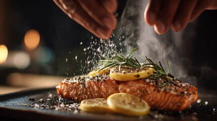 Salmon with Lemon and Rosemary Being Seasoned