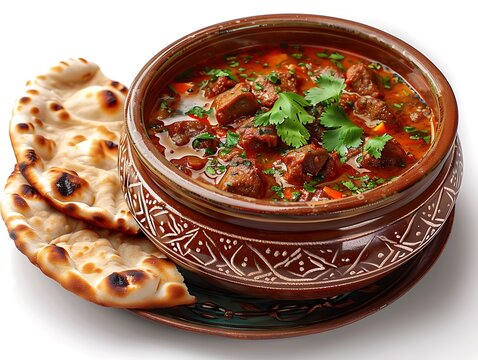 Pakistani-style nihari in a bowl with ginger garnish, naan bread on side, isolated on white