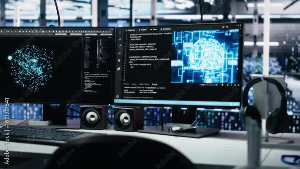 Poster data center computer systems on desk controlling network resources through ai visualization dashboar