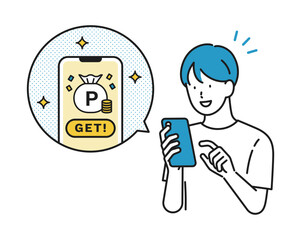 イラスト素材: スマホでポイントをゲットする男の子