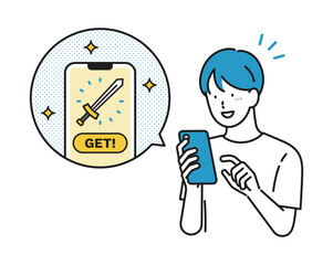 イラスト素材: スマホゲームで買い物をする男の子