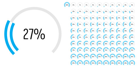 Set of circular sector arc percentage diagrams meters progress bar from 0 to 100 ready-to-use for web design, user interface UI or infographic - indicator with blue