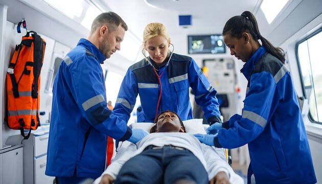 Paramedics attending to patient in ambulance
