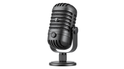 3D black studio microphone in cartoon plastic style, podcast and recording concept, isolated on transparent background