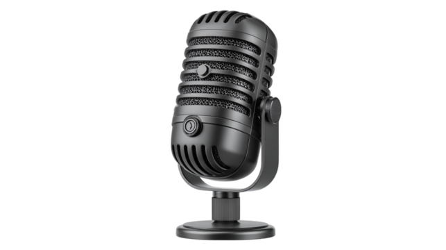 3D black studio microphone in cartoon plastic style, podcast and recording concept, isolated on transparent background 
