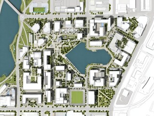 Obraz premium An overhead rendering depicts a modern urban development centered around a lake, featuring numerous buildings, green spaces, and roadways