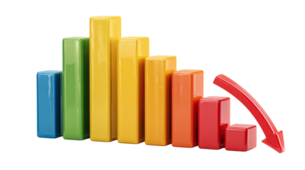 3D bar chart icon in cartoon plastic style showing downward trend, concept of business loss. Isolated on transparent background 