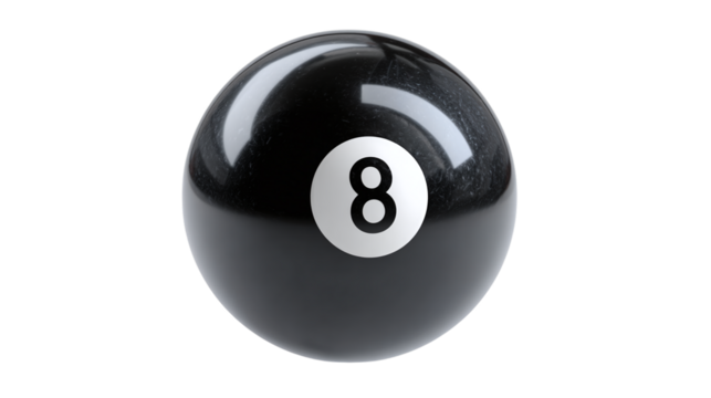 3D billiard black 8-ball icon in cartoon plastic style, pool game element, isolated on transparent background 