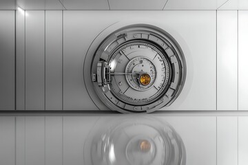 Metallic vault door in a white room, reflecting on the floor, offering security and protection