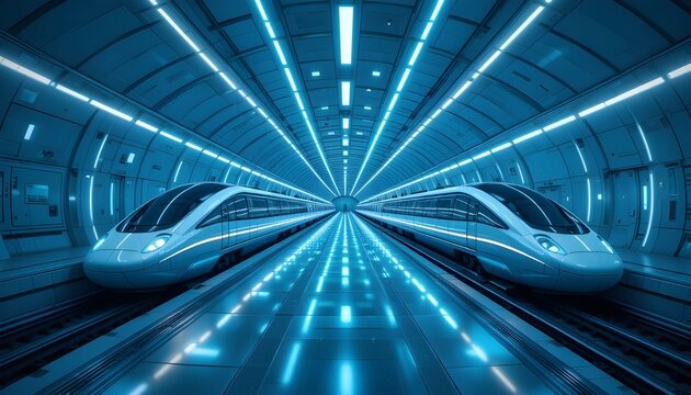 Futuristic hyperloop station with magnetic trains, minimalist architecture, soft blue lighting&rdquo;