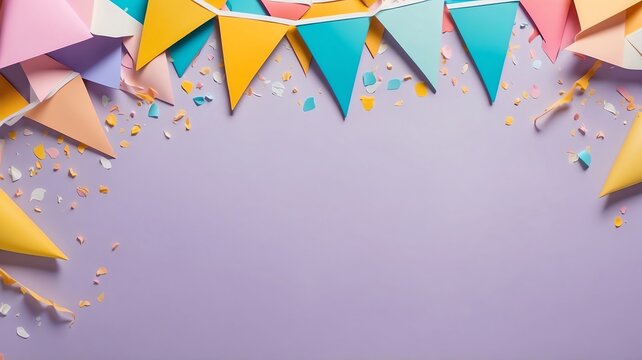 Pastel Party Bunting and Confetti on Light Purple Background Template - Powered by Adobe