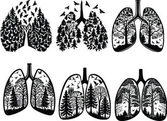 Lung Silhouette Filled with Forest Trees and Birds