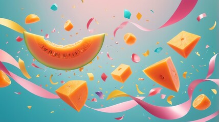 Naklejka premium Cantaloupe Slices and Orange Cubes Floating with Ribbons and Confetti