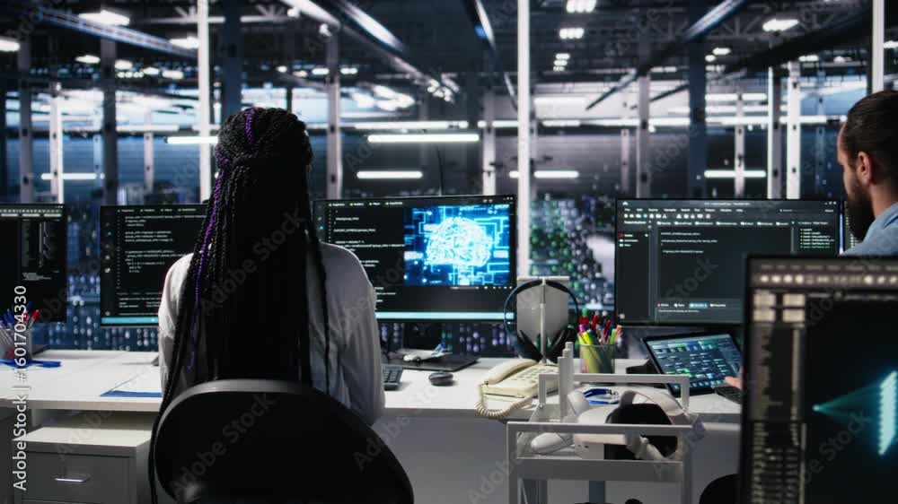 Fototapete data center system administrators using machine learning algorithms on pc to analyze datasets. serve