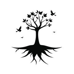 Fototapeta premium Detailed silhouette of intricate tree roots extending downwards in a natural organic design