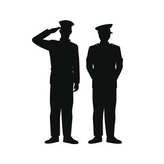 Silhouette of two soldiers standing at attention and saluting each other in a formal military ceremony