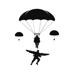 Dynamic aerial team rappelling from helicopter in mid flight with parachutes deployed