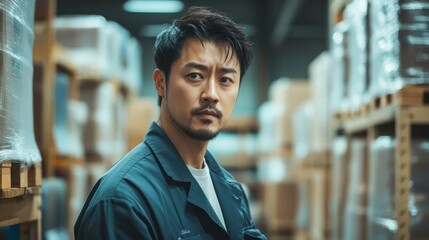 Fototapeta premium Warehouse worker portrait: Focused gaze amid organized storage facility aisles