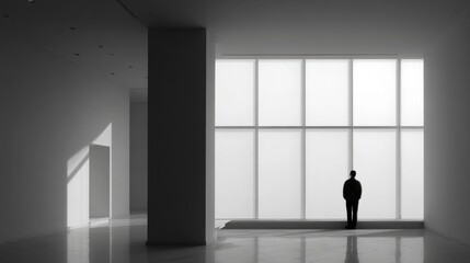 Obraz premium A solitary figure in a minimalist interior, framed by clean lines and soft window light