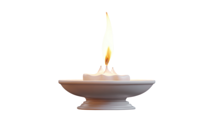 Burning white candle in holder, wax light icon in 3D cartoon render. Isolated on transparent background 