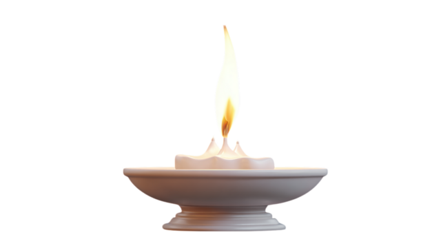 Burning white candle in holder, wax light icon in 3D cartoon render. Isolated on transparent background 