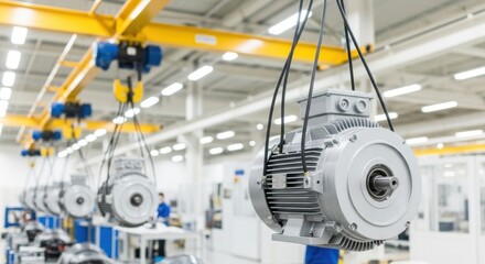 Industrial electric motors suspended in modern factory, showcasing manufacturing and engineering processes