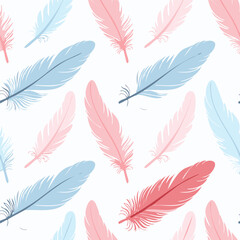 Seamless pattern of pastel pink and blue feathers
