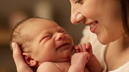 Holding newborn baby infant during first week of life. Newborn being held gently by his mother.