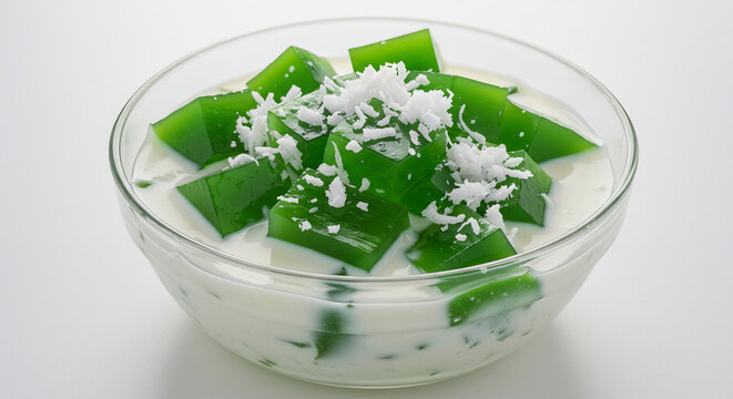 Filipino buko pandan dessert with coconut and pandan gelatin on a white background.