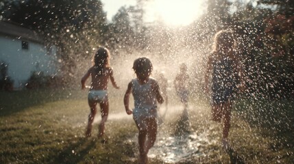 Children Joyfully Playing in a Summer Sprinkler: Nostalgic Backyard Scene