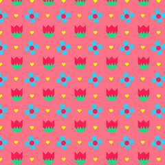 A repeating pattern of stylized flowers and hearts on a pink background.
