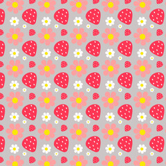 Repeating pattern of strawberries and daisies on a light gray background.