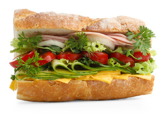 Tasty baguette sandwich with ham, cheese and vegetables isolated on white