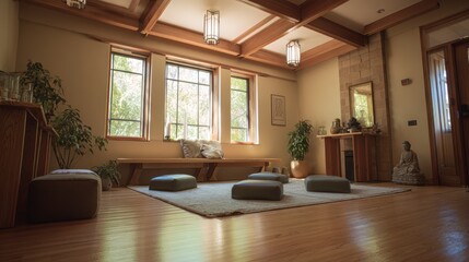 Serene Meditation Room: Sunlit Space with Cushions and Tranquil Decor