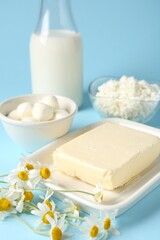 Fresh dairy products and chamomile flowers on light blue background, closeup