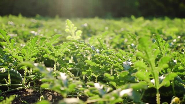 Watermelon Plantation Under Sunlight Cultivation And Growth In Field
