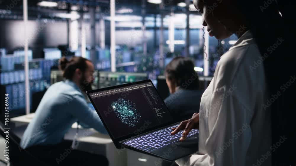 Poster close up of data center technician using tablet to monitor neural network ai llm visualization. work