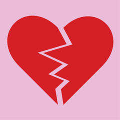 Red Heart broken to two pieces vector illustration icon or logo, broken heart concept, breakup or divorce, heartbreak regret, separated couple, tragic love. Broken Red Heart Emoji on pink background.